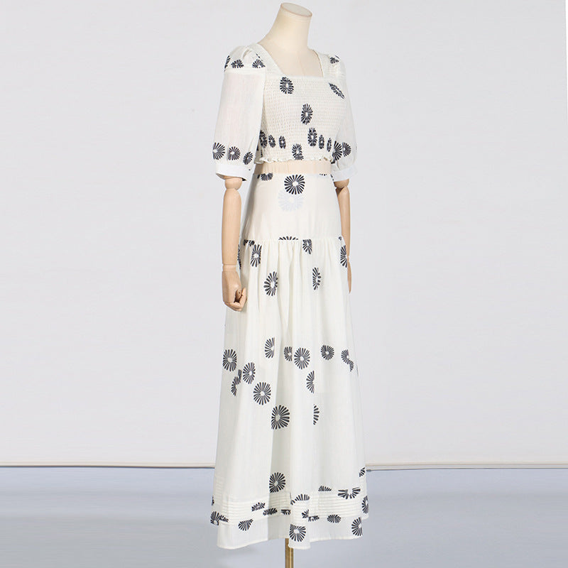 Puff Sleeve Short Top Skirt Long Skirt Summer Two-piece Set