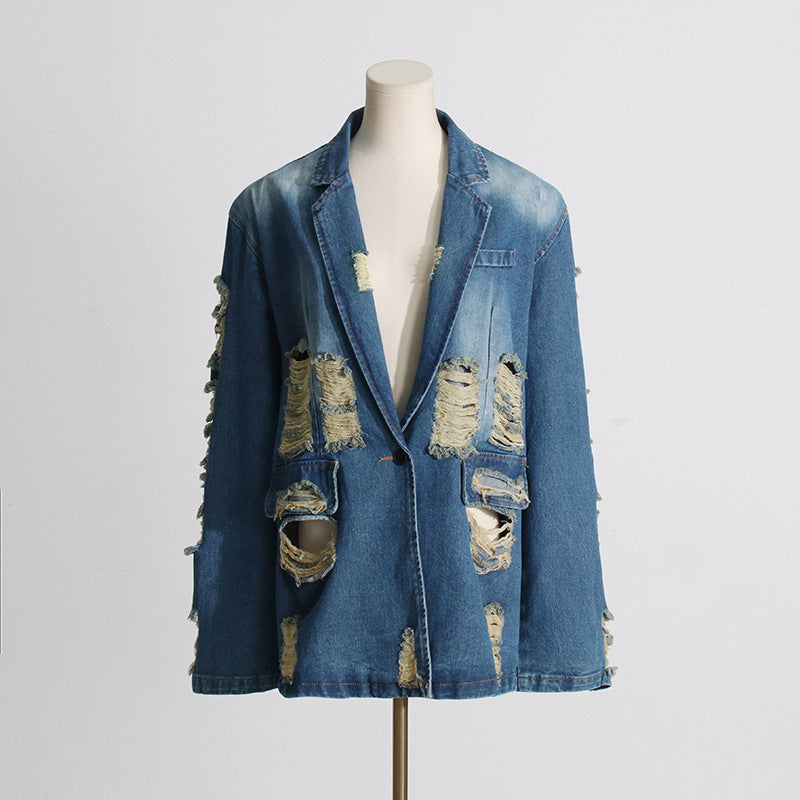 European And American Style Street Lapel Ripped Edging One Button Loose Large Version Denim Coat