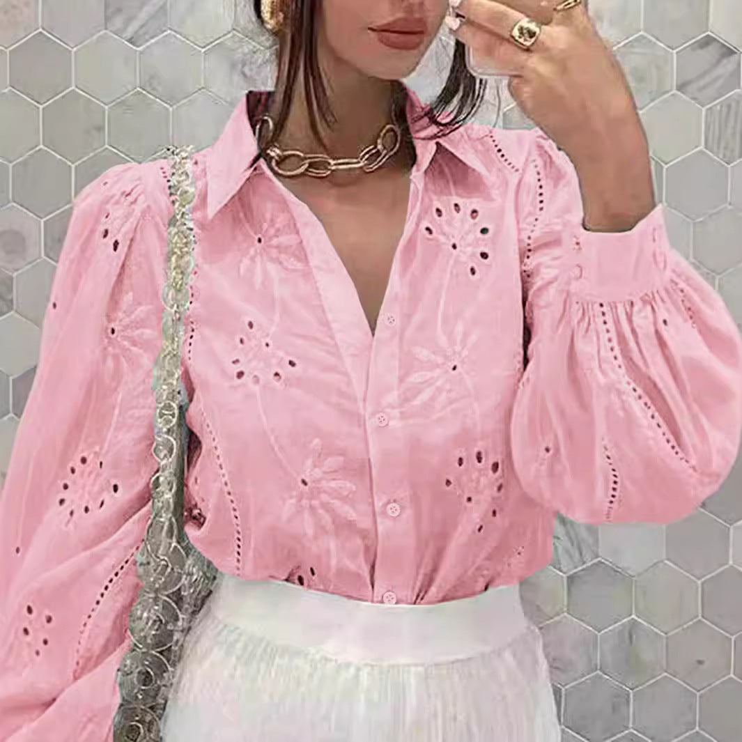 Women's Single-breasted Embroidered Long-sleeved Lapel Shirt