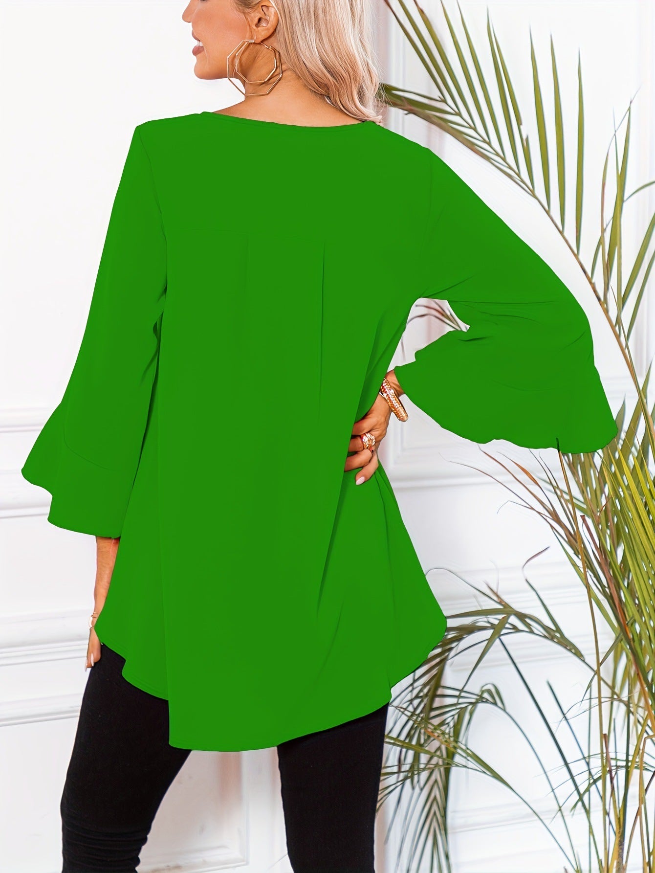 Solid Color Round Neck Shoulder Ruffle Sleeve Top