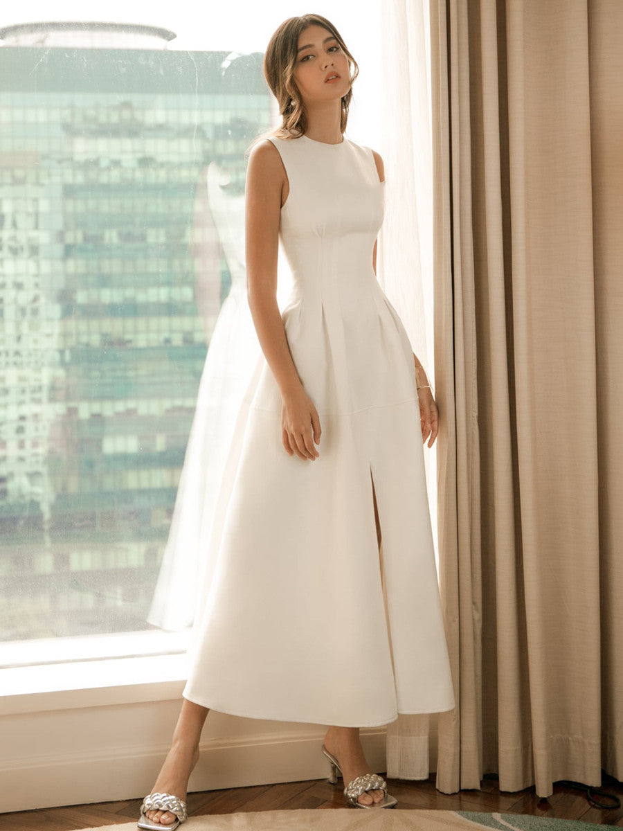 Temperament Slit Elegant Mid-length Big Swing Princess Collar Certificate Little White Dress