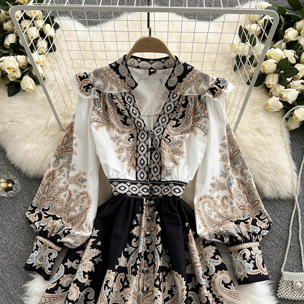 Women's V-neck Lantern Sleeve Printed Dress