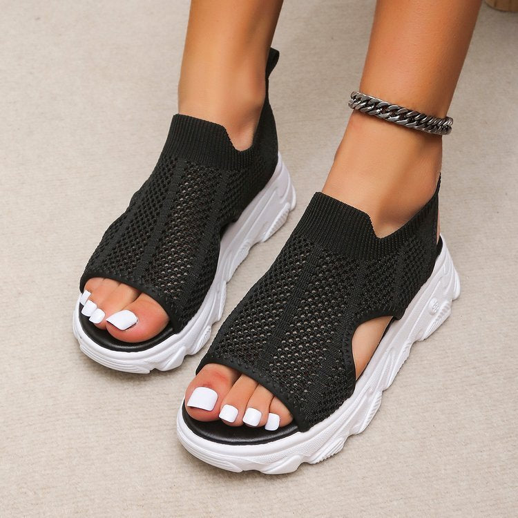 Summer Sandalas Elastic Slip-on Peep Toe Wedge Fly Woven Mesh Casual Shoes