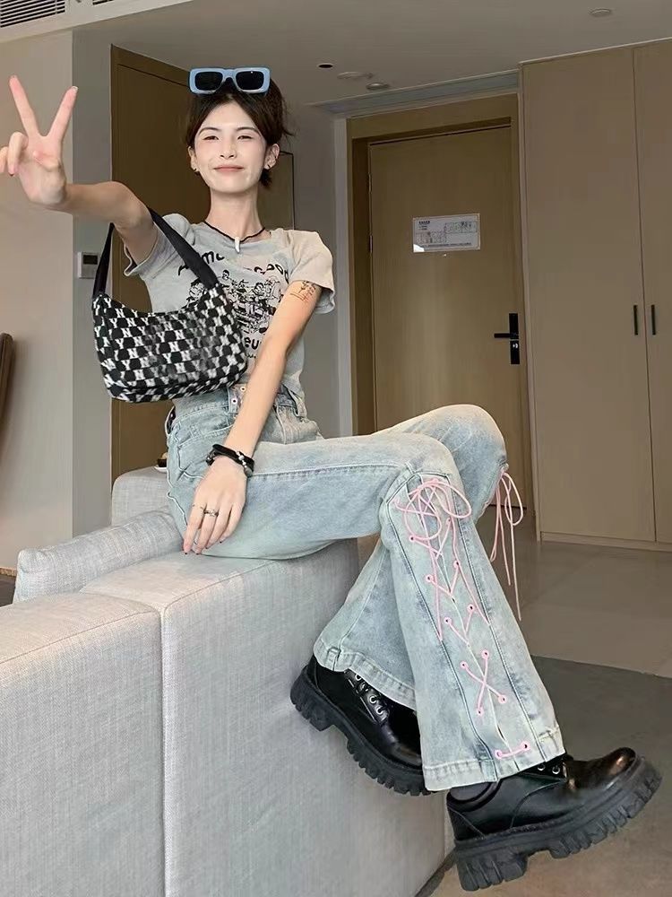 Summer High Waist Lace-up Design Sense Niche Slit Flared Pants