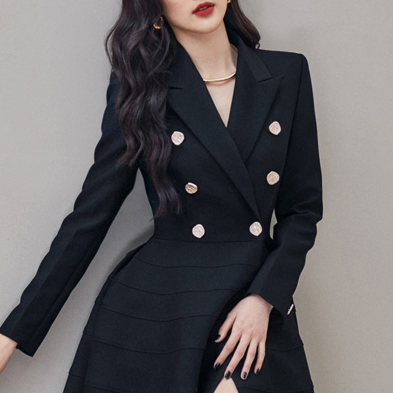 Women's Black Long Sleeve Rhinestone Buttons Split Waist Fitted Slimming Large Hem Dress