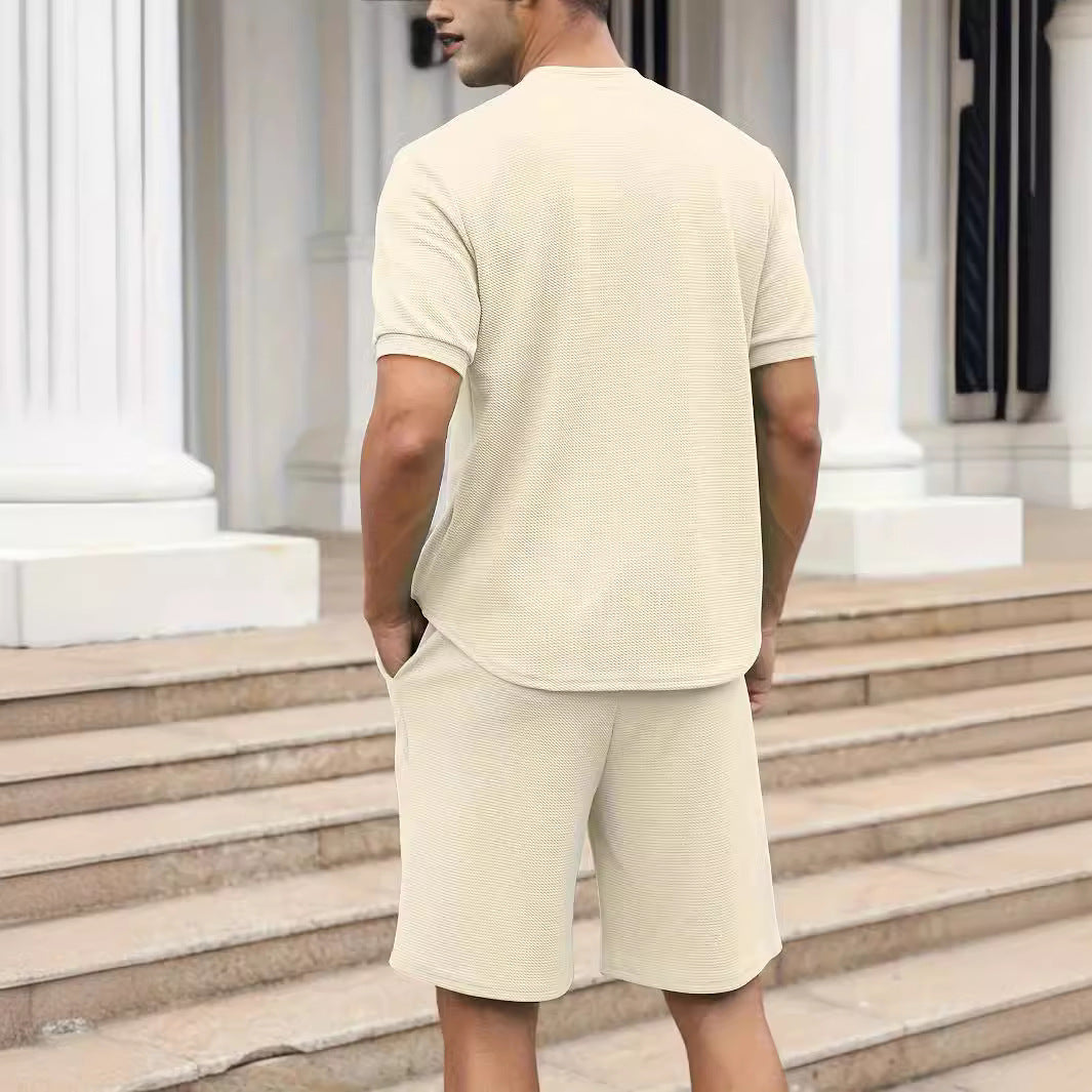 Waffle Stand Collar Zipper Short Sleeve Trousers Suit Men