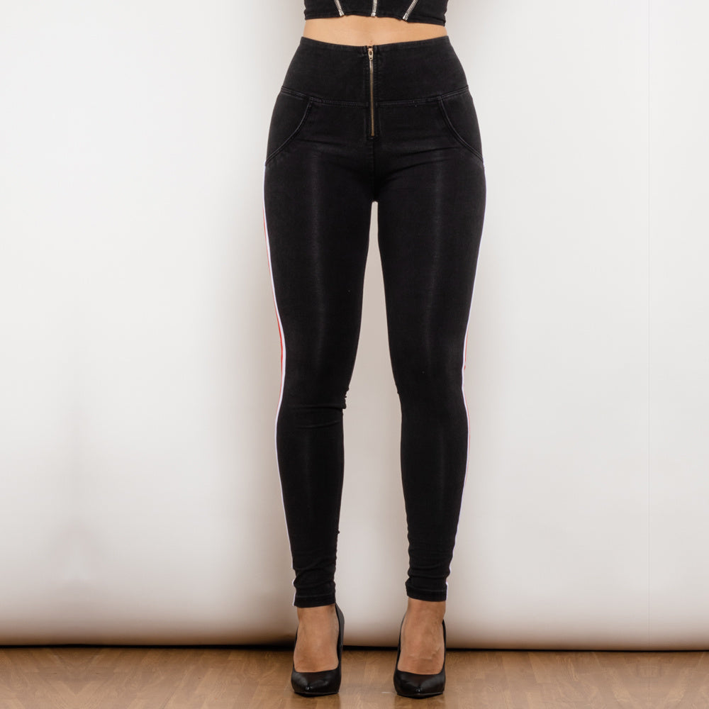 Shascullfites Melody Women's Black Stretch Pencil Jeans Butt Lift Striped Detailing Slim Fit Denim Jeggings