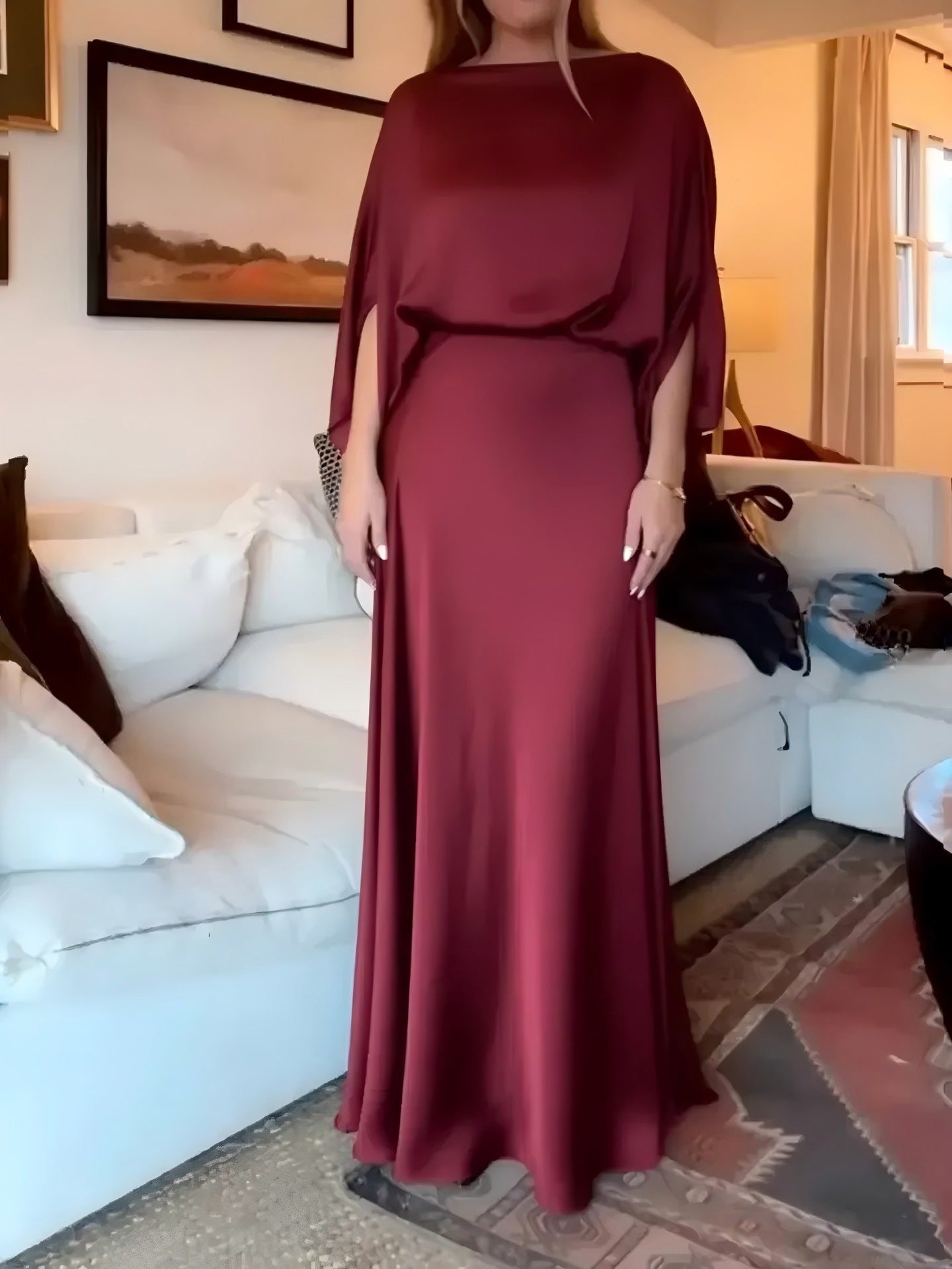 Sleek Solid-Color Satin Long Dress with Bishop Sleeves for Arabian Nights