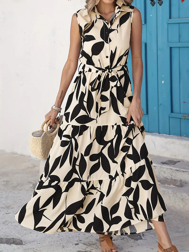 Elegant Sleeveless Printed Shirt Dress Ruffled Hem