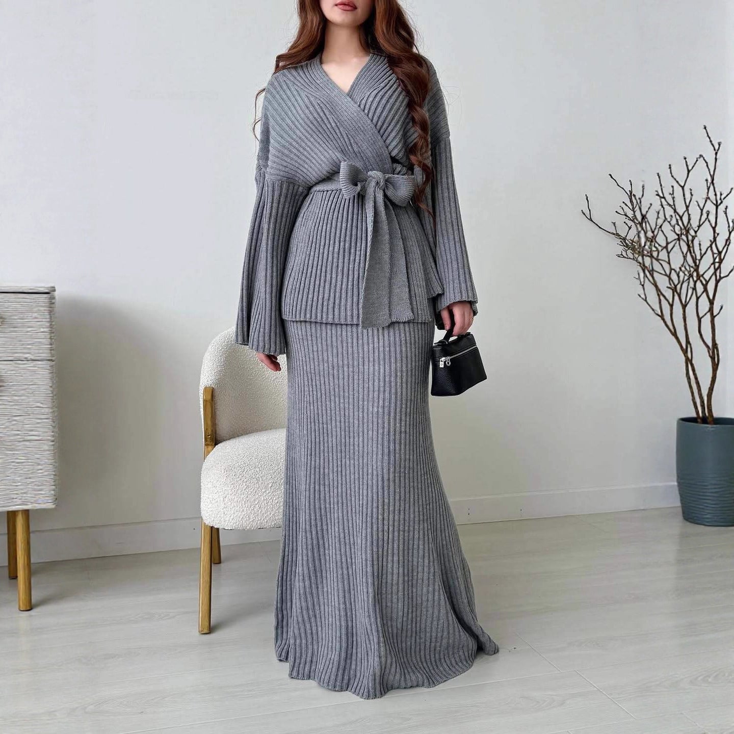 V-Neck Ribbed Sweater Knit Wrap Dress with Straight Skirt & Bow Tie