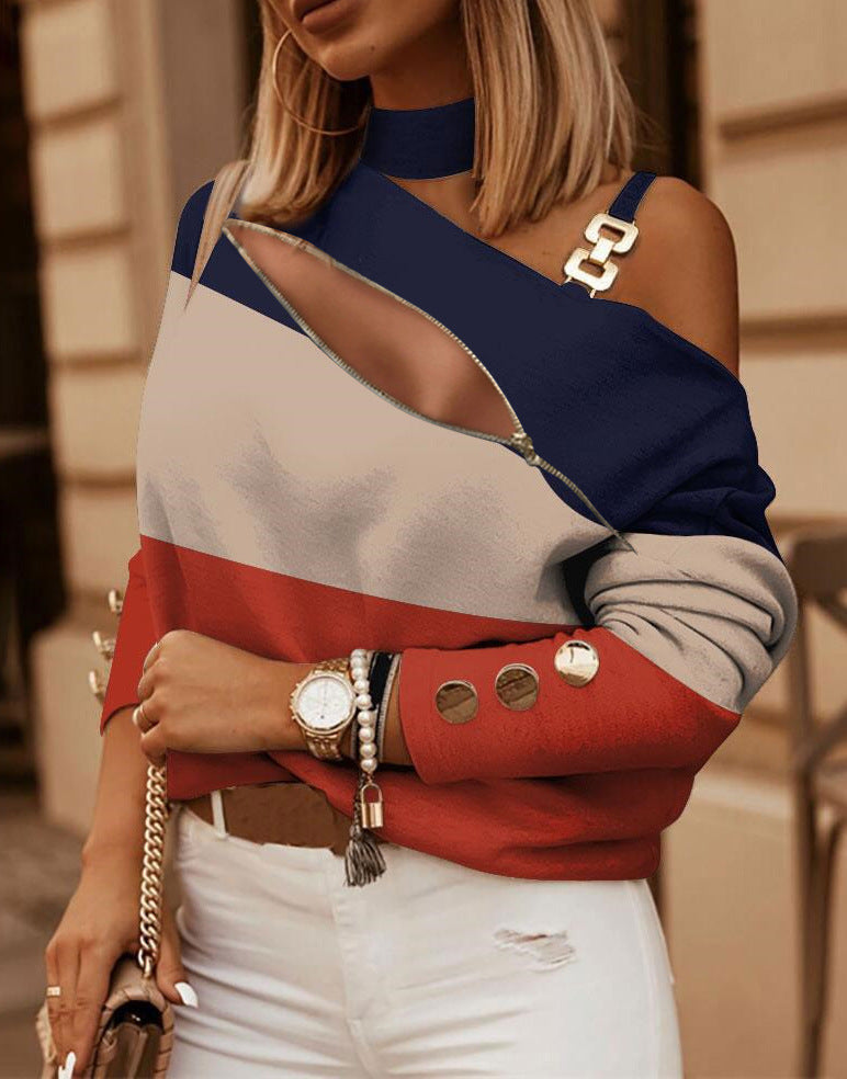 Women's Long-sleeved Chain On Neck Printed Top