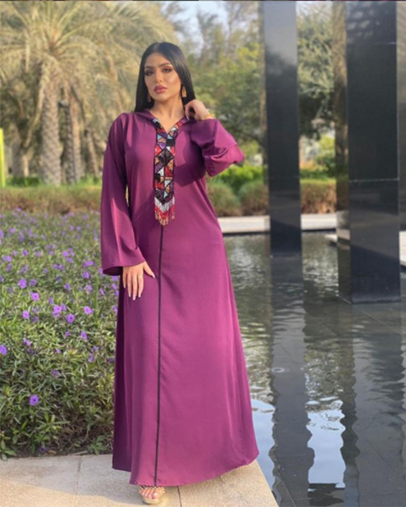 Hooded Robe Purple Abaya Dress With Diamond Tassels Women