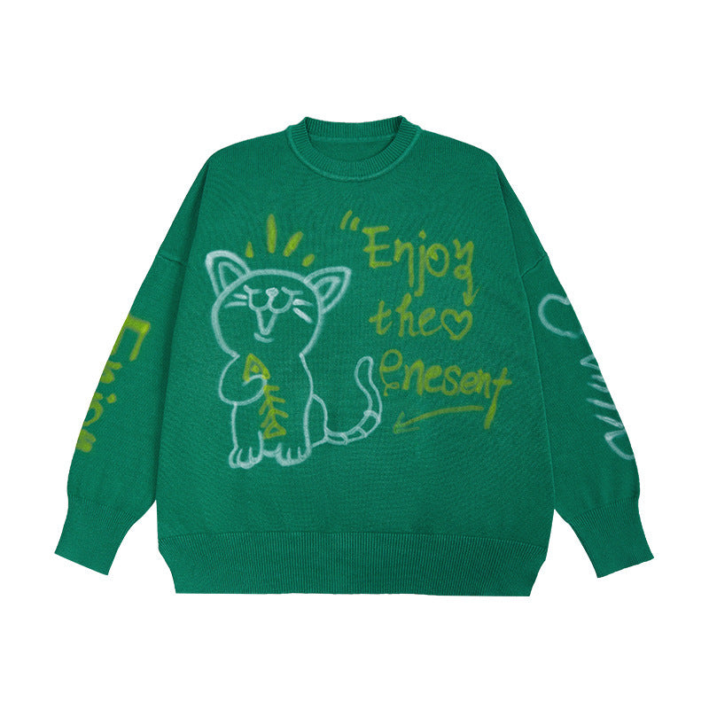 Hand-painted Graffiti Kitten Thin Coat For Men