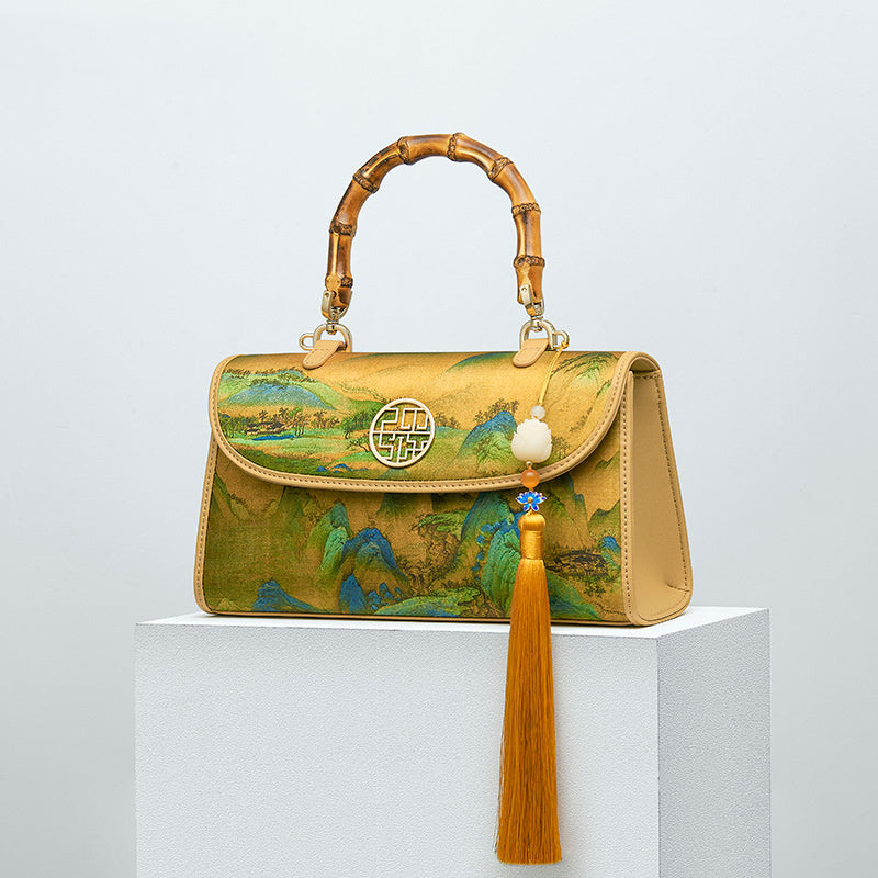 Sac à main bandoulière en bambou style cheongsam chinois pour femme, en soie, petit sac