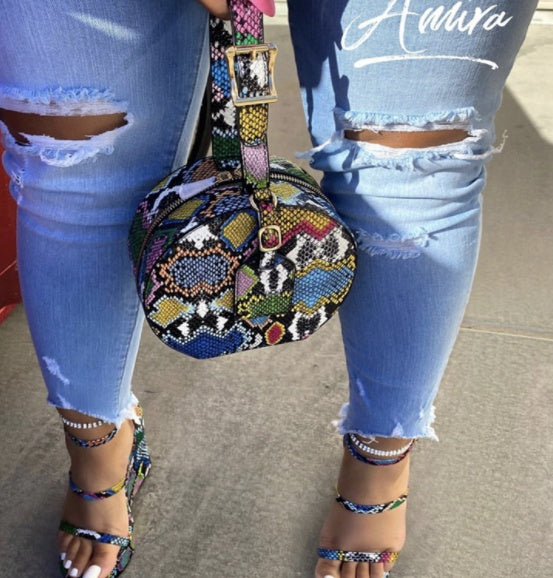 Snakeskin Design Printed Crossbody Round Bag Ladies Handbags