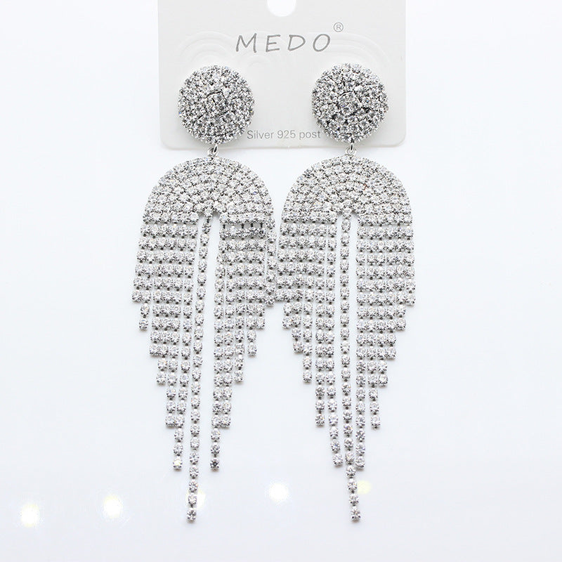 Silver Pin Earrings Exaggerated Long Tassel