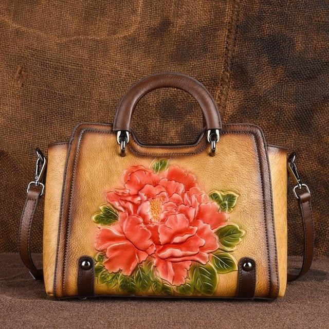 Vegetable Tanned Leather Retro Large Handbag with Zipper Diagonal Strap