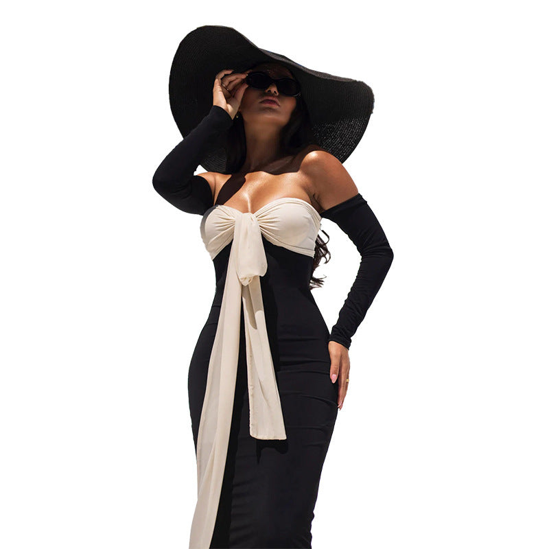 Color Matching Lace Up Off-shoulder Bandeau Slim-fit Dress