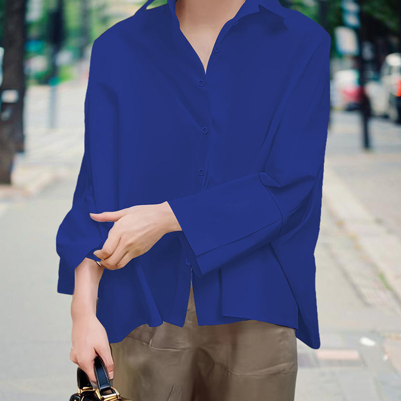 Women's Solid Color Fashion V-Neck Blouse - Puff Sleeve Button-Down Long-sleeved Shirts For Spring & Fall