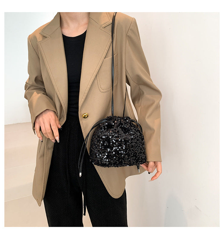 Crossbody Drawstring Pleated Design Soft Color Sequin Bag