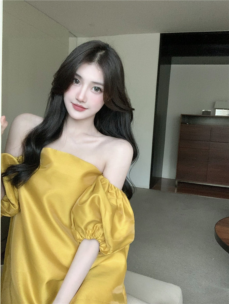 Off Shoulder Bubble Sleeve Shirt Women's Summer French Style