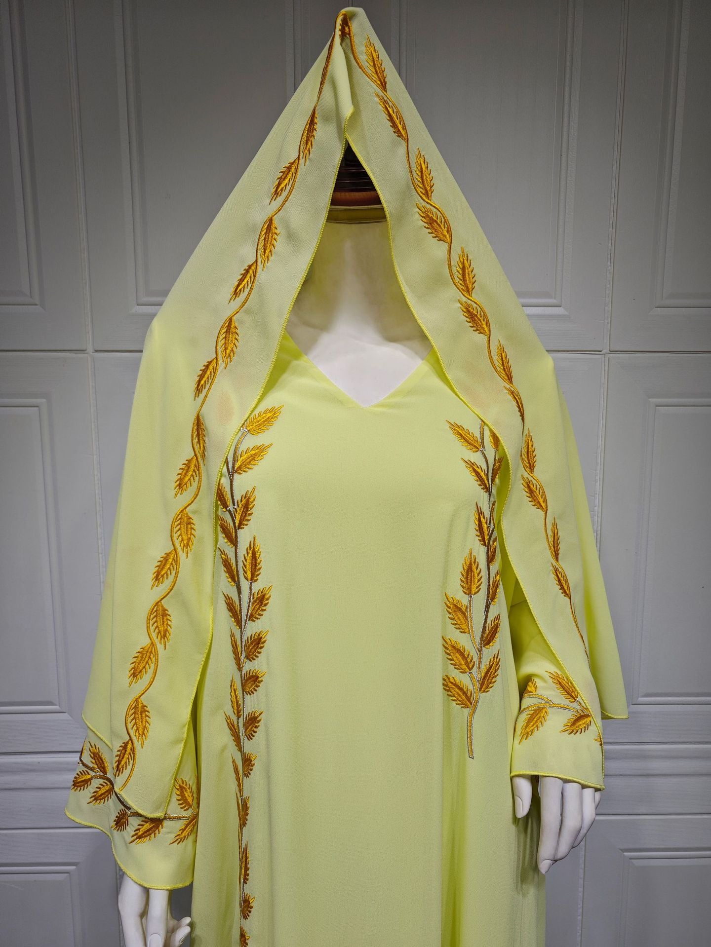 Chiffon Long Islamic Embroidered Crew Neck Dress With Headscarf