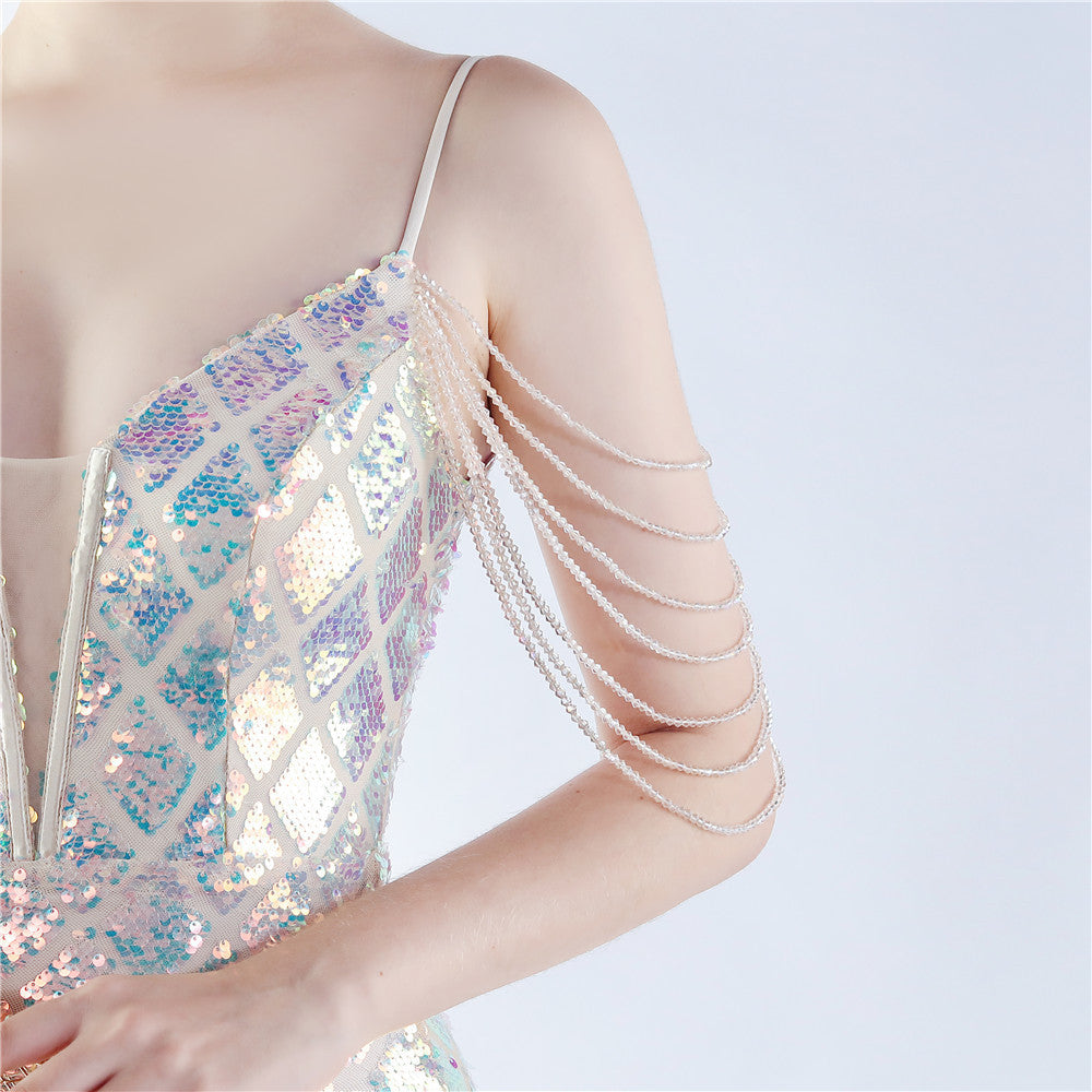 A Classy Trendy Fishbone Waist-tight Ratchet Tie Down Magic Color Sequin Craft Beaded High-end Evening Dress