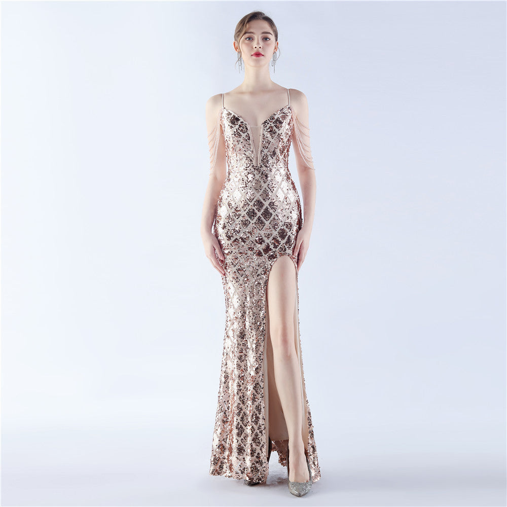 A Classy Trendy Fishbone Waist-tight Ratchet Tie Down Magic Color Sequin Craft Beaded High-end Evening Dress
