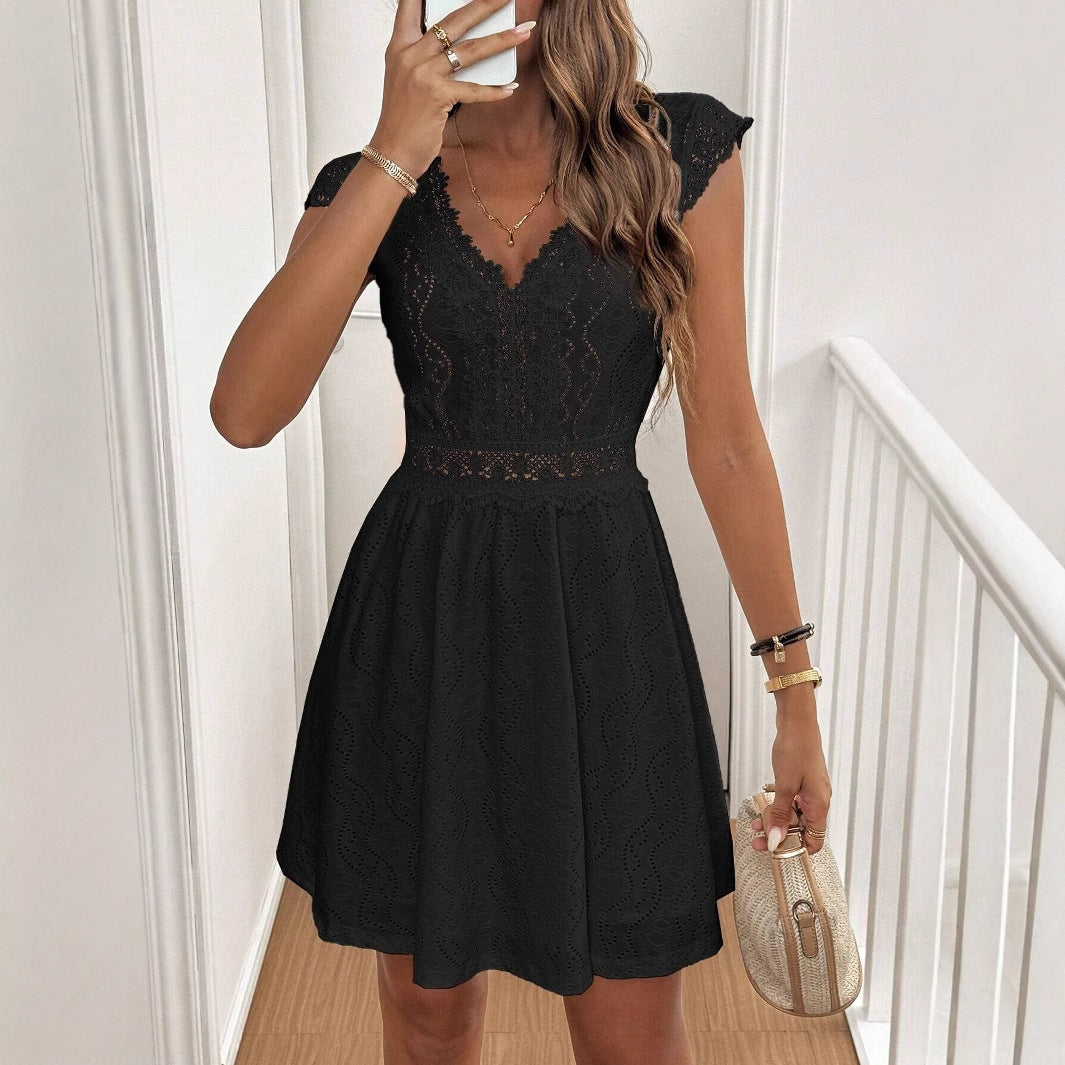 Knitted Jacquard Hollow Out V-neck Stretch Lace Skirt Dress