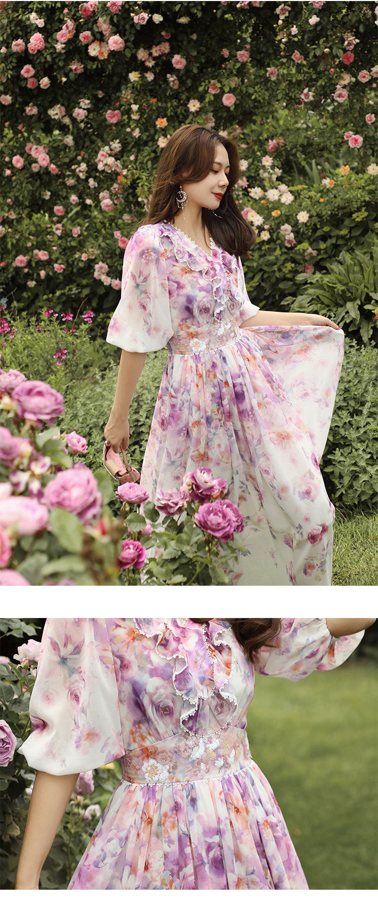 French Heavy Industry Bead Printing Waist V Neck Dress Women's Summer
