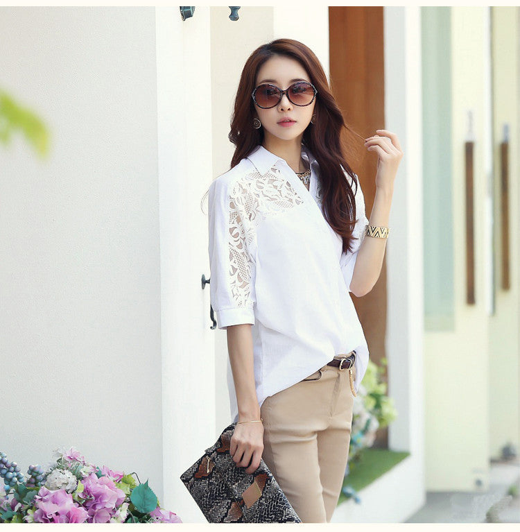 White Loose Five-point Mid-sleeve Short-sleeved Shirt