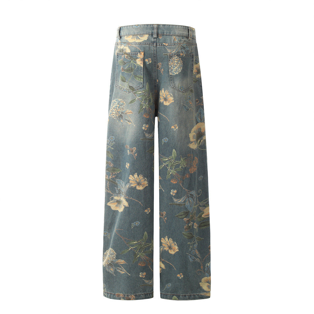 Men's Printed Niche Loose Wide Leg Denim Trousers