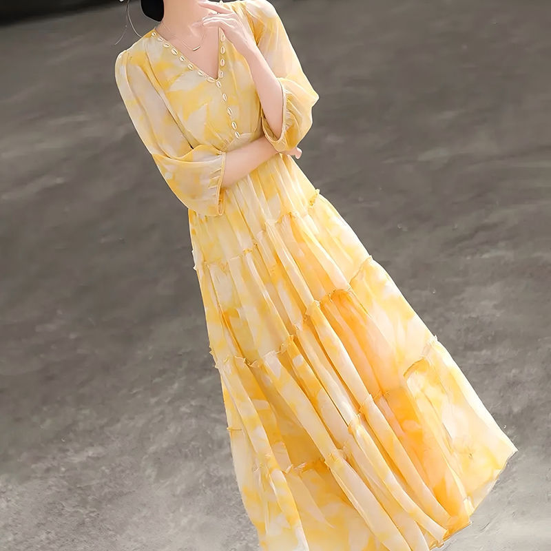 Yellow Temperament Youthful-looking Chiffon Design Skirt