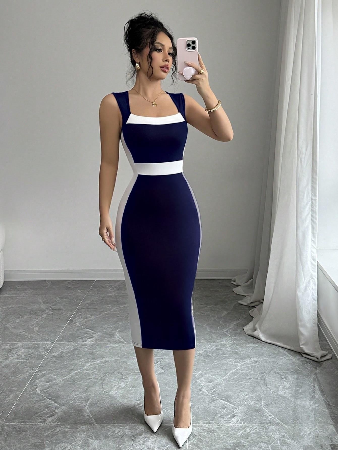 Women's Intellectual Style Dress With Square Neckline, Spaghetti Straps, And Color-blocked Maxi Dress