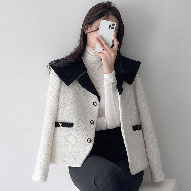 Navy Collar Short Long Sleeve Tweed Coat Top In Contrasting Colors