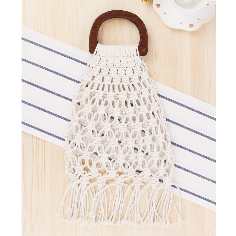 New Wooden Handle Portable Net Bag Straw Woven Bag Cotton Rope Hand-woven Bag