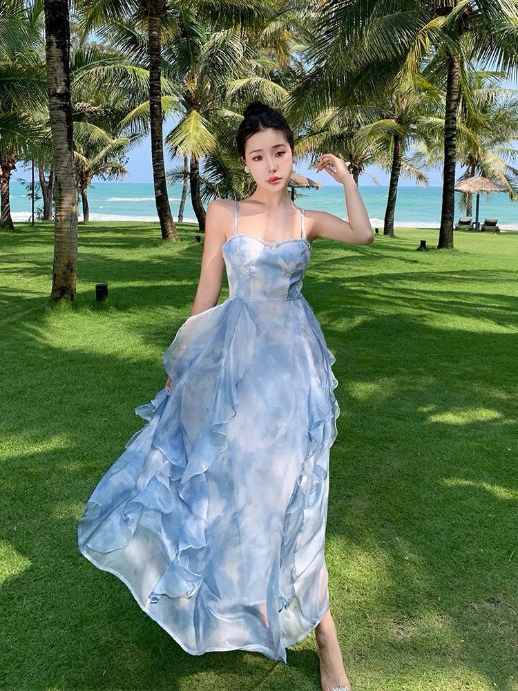 French Blue Strapless Sling Dress Seaside Vacation Draping Effect