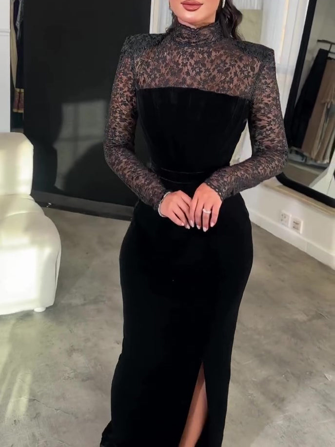 Black Lace Velvet Long Sleeve Bodycon Maxi Dress Two Piece Set