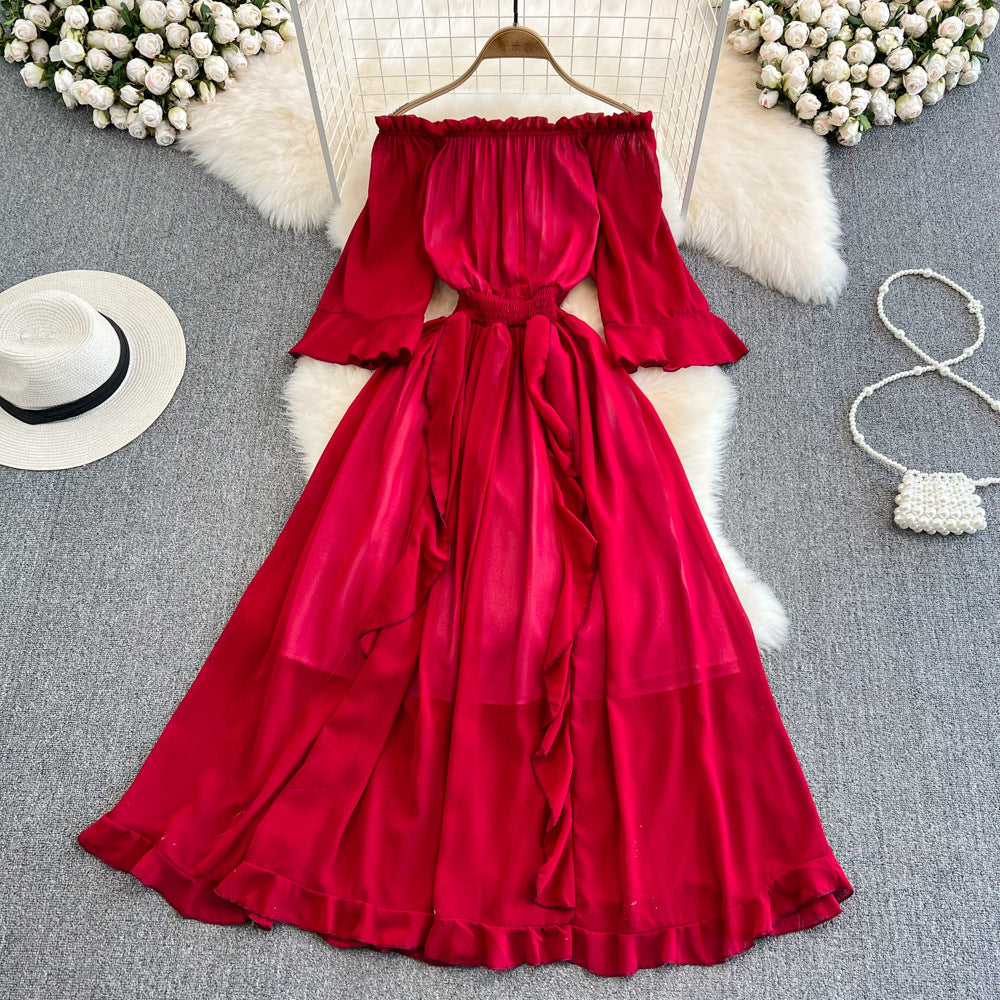Off-the-shoulder Ruffled Chiffon Dress