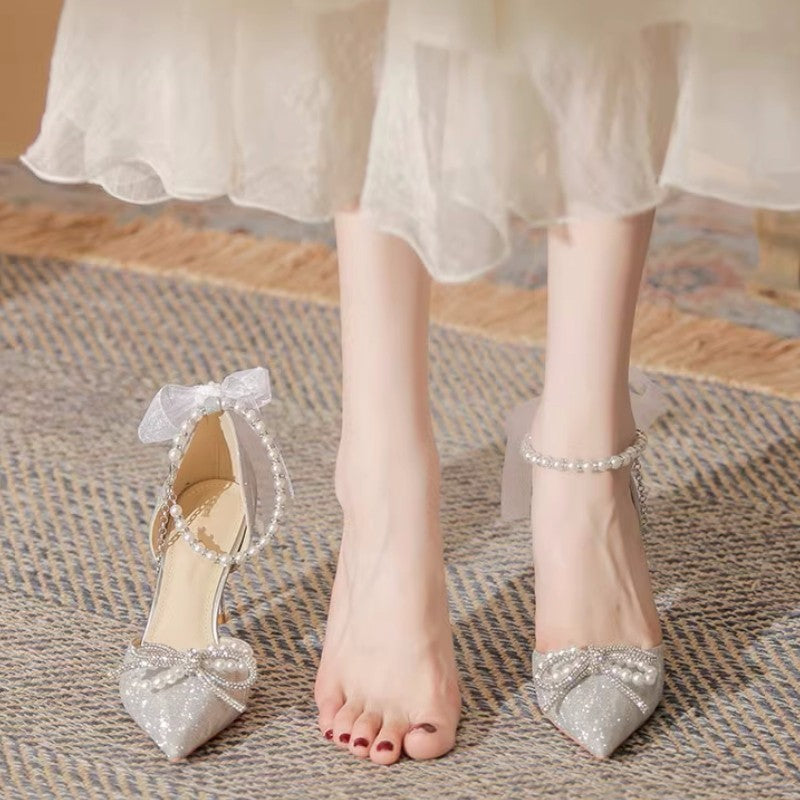 Women's Bow Pointed Heel Wedding Sandals