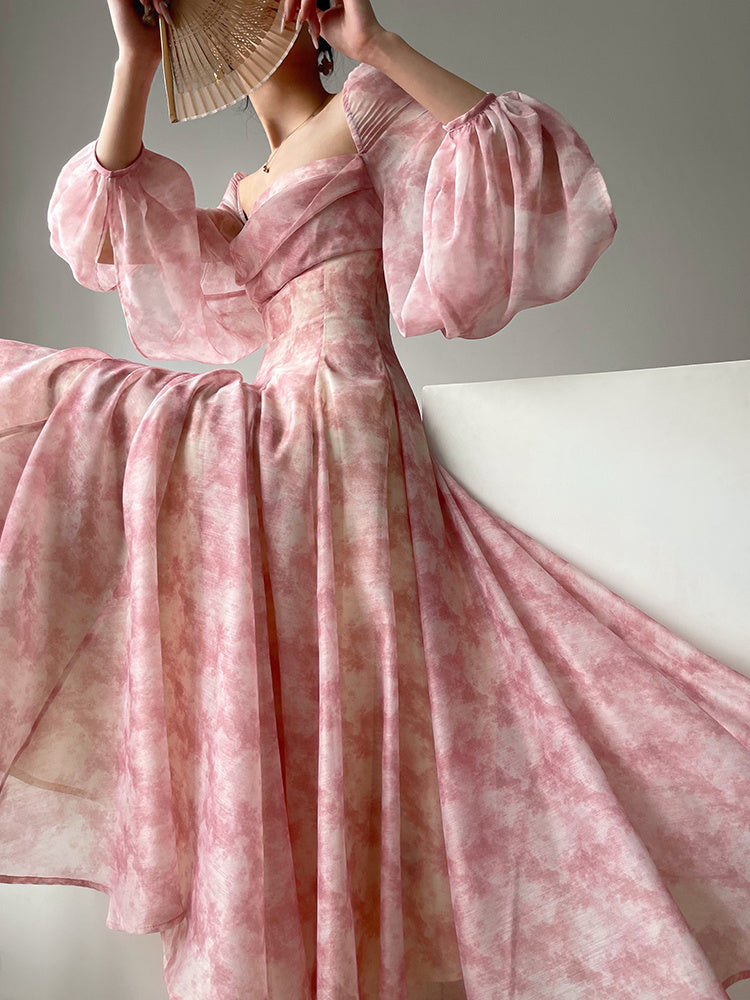 Tea Break Printed Waist Dress With Large Skirt