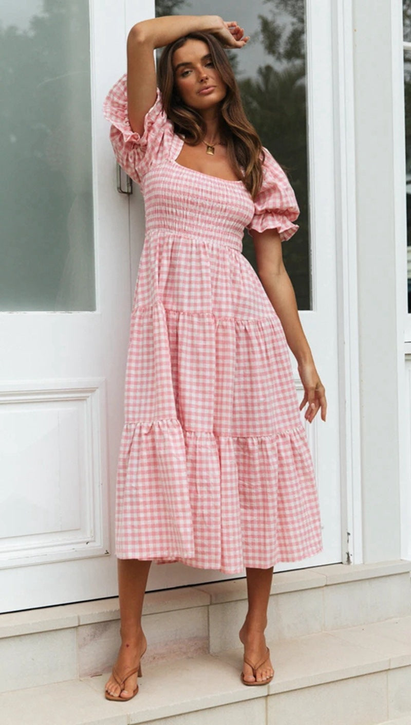 Plaid Dress Square Collar Puff Sleeve High Waist