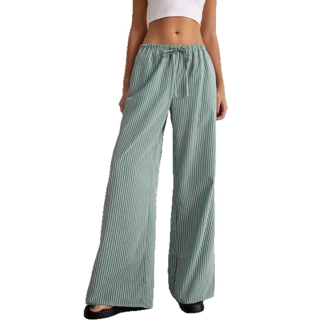 Women's Dark Green Loose Straight Trousers with Elastic Waist