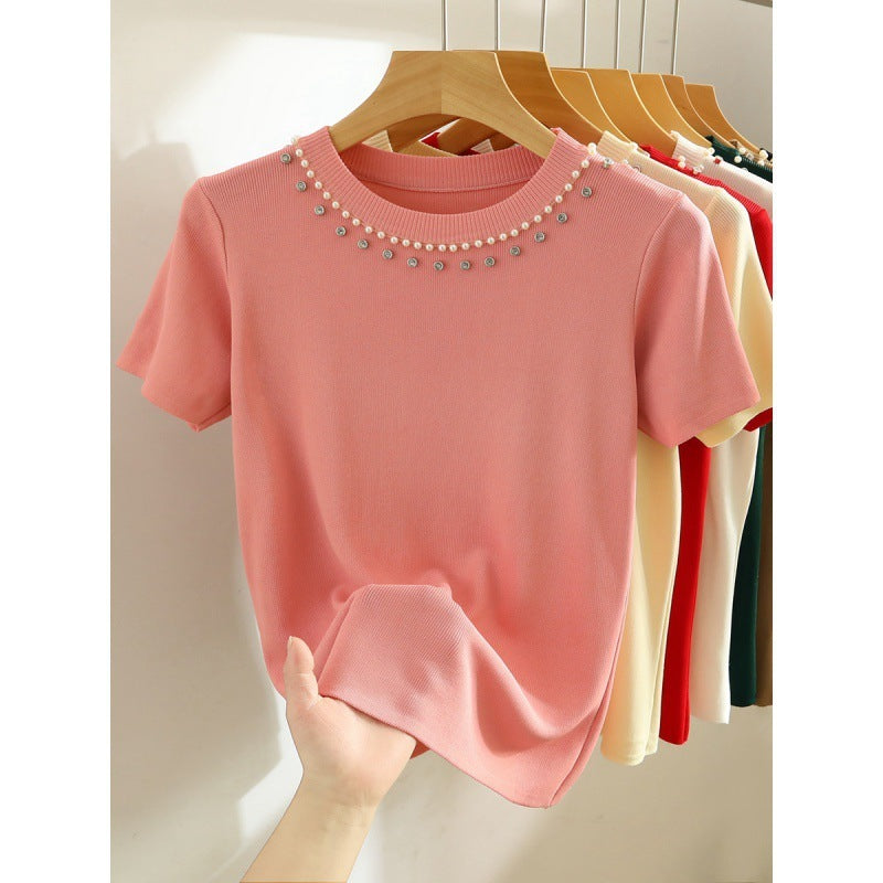 White Shoulder Short-sleeved T-shirt Heavy Industry Beads Knitted Short Top