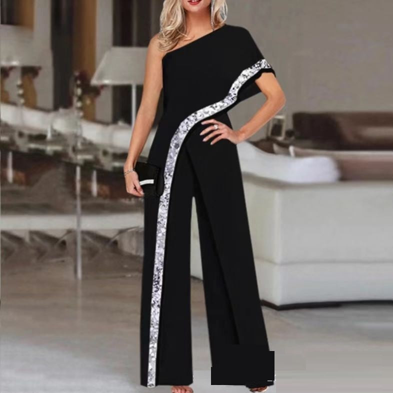 New One-shoulder Contrast Color Sexy Wide-leg Jumpsuit