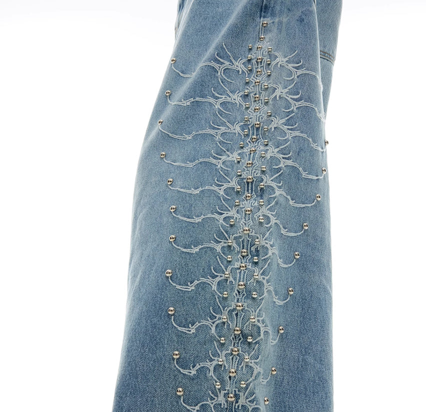 Niche Retro Washed Backbone Metal Rivet Design Jeans