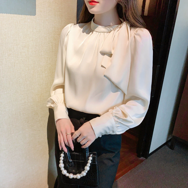 Autumn Satin Shirt Bow Tie-up Top