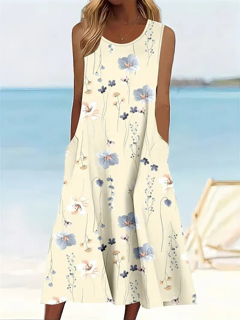 Plus-size Floral Print Pocket Sundress, Casual Sleeveless Round Neck Mid-length Dress