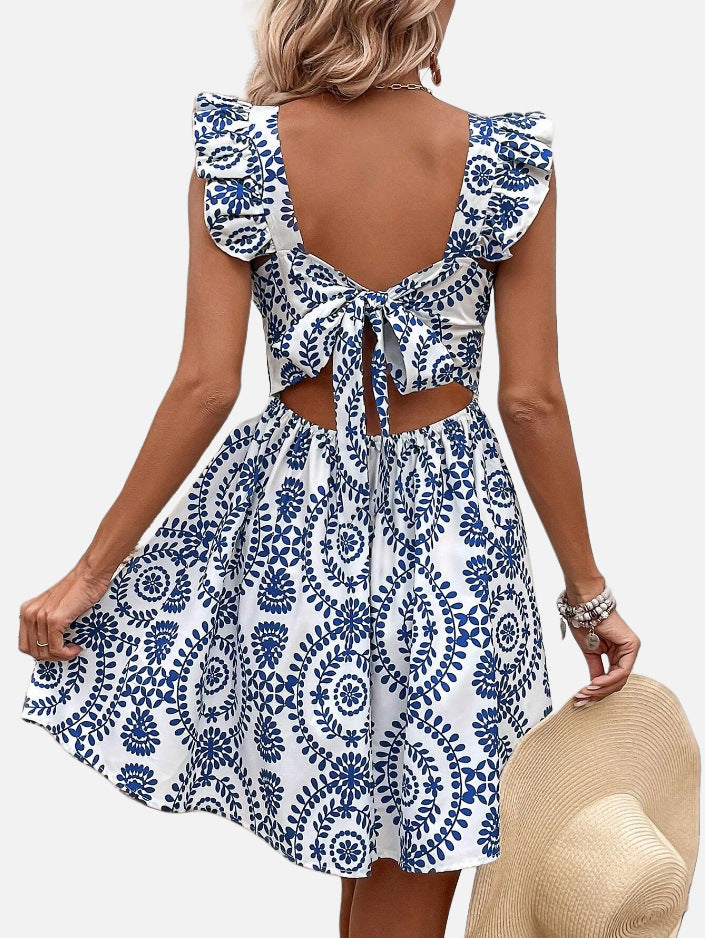 Printed Lace-up Back Backless Frill Holiday Dress
