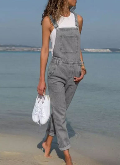 Women's solid color denim overalls